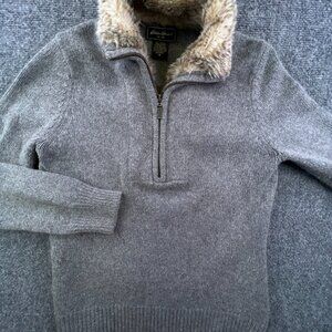 Eddie Bauer Sweater Women Medium Petite Gray 1/4 Zip Long Sleeve Faux Fur Rabbit